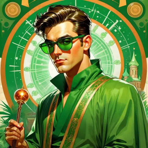 Prompt: retro futuristic soviet silk screen pulp fiction fantasy comic book cover, a dark chesnut haired male sorcerer very short slicked back pompadour undercut hair, mage, tall and willowy and pretty, soft freckles, big large green eyes, wizard, intricate emerald and green robe, wearing round retro shades with green lenses, old fashioned emerald sunglasses, iron palace gray metal, landscape beautiful pine forest, Carne Griffiths, Michael Garmash, Frank Frazetta, Castle Background, Victo Ngai, Detailed, Vibrant, Sharp Focus, Character Design, Wlop, Kuvshinov, TXAA, 32k, Highly Detailed, Dynamic Pose, Intricate Motifs, Organic Tracery, Perfect Composition, Digital Painting, Artstation, Smooth, Sharp Focus, Illustration, hyperdetailed, greg rutkowski