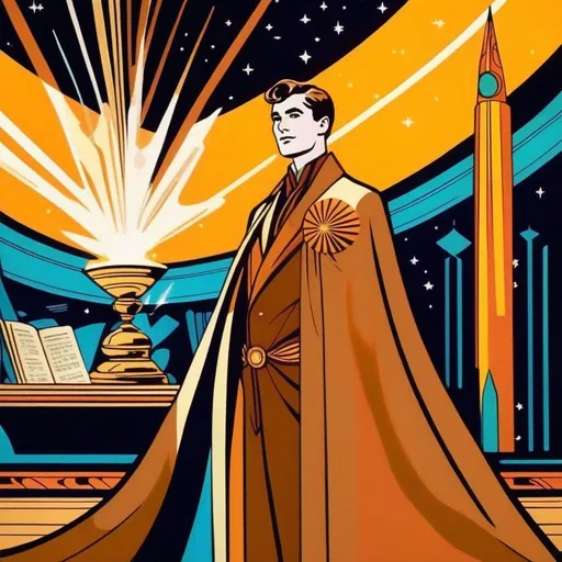 Prompt: Silk screen comic book illustration, male magician wearing a mage robe, extremely short brown hair, 1960s Soviet retrofuturism, modern age raypunk aesthetics