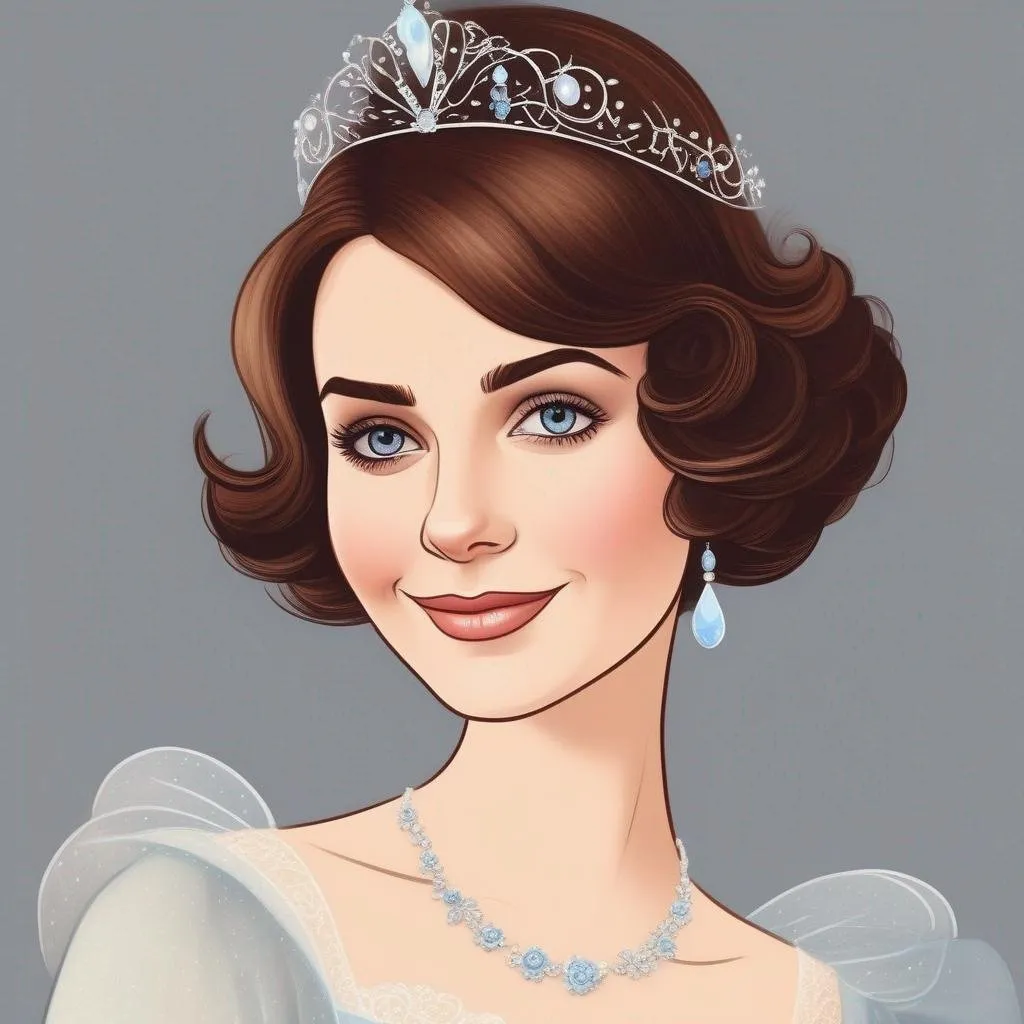 Prompt: Please create an Disney art of a short haired woman inn style of a drawing using aspects of lore of a beautiful young woman with very short brown pixie hair as Cinderella