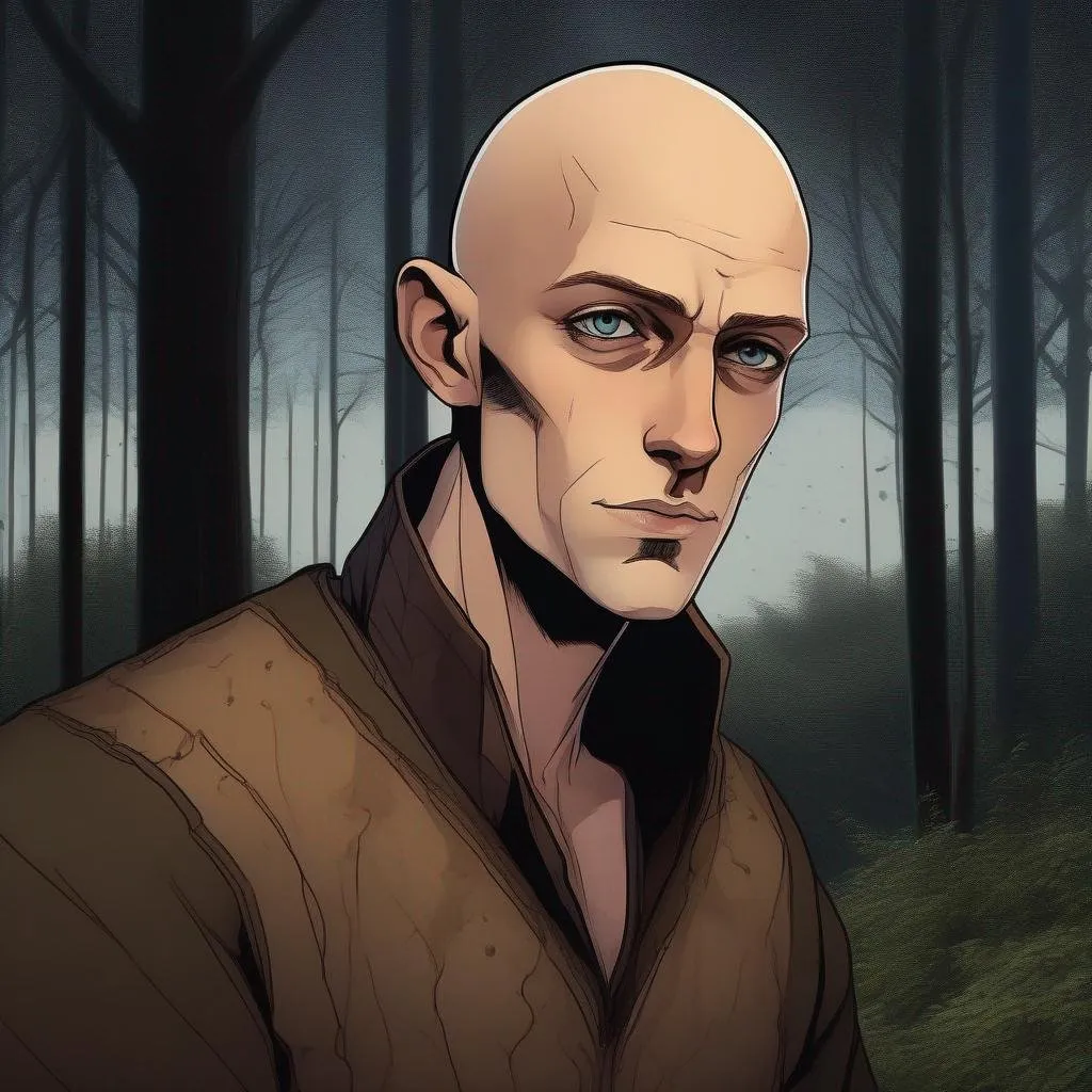 Prompt: highest quality anime art masterpiece, digital drawing, slender slim skinny androgynous caucasian bald male sorcerer wearing mantle, with freckles and balding hairless scalp:vistani, melancholic, in a forest on a dark foggy night, big sad slant brown eyes, pale milky skin:2, waxing moon, round shaven face, broad cheeks, ethereal, trimmed face, highres, realistic, highly detailed, fantasy, european, irish, D&D, Ravenloft, by Ilya Kuvshinov