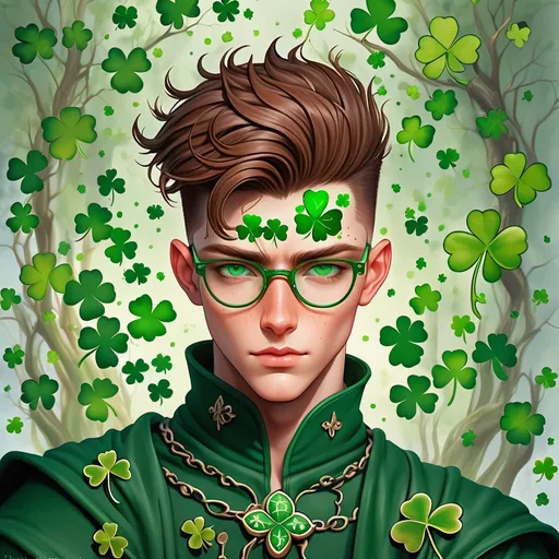 Prompt: a 2d art pen drawing of an irish freckled beautiful handsome brown haired male with green shamrocks, very short slicked back pompadour undercut with shaved sides and chestnut wisps, wearing a sorcerer mantle and round glasses, green amalgam shades with emerald dull lenses, burning eyes, intricate, pale milky skin, birth marks, sharp focus, in the style of Ivan Bilibin, Ernst Haeckel, Daniel Merriam, watercolor and ink