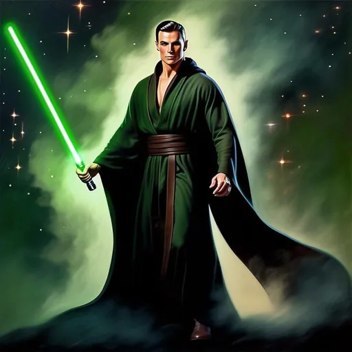 Prompt: detailed character, full body portrait of a muscular male sorcerer, round face, broad cheeks, extremely short brown slicked back pompadour undercut, green eyes smirking, wearing dark green wizard robes, on smoky blurred background, star wars art. 2d art. 2d, completely matte,
