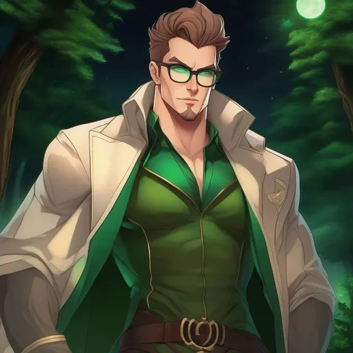 Prompt: highest quality anime art masterpiece, digital drawing, tall muscular bulky caucasian male sorcerer, wearing mage mantle, suideburns, very short brown slicked back pompadour undercut hair with shaved sides:vistani, wearing round glasses, green shades with emerald lenses, dark female makeup, melancholic, in a forest on a dark foggy night, big sad slant brown eyes, pale milky skin:2, waxing moon, round shaven face, broad cheeks, ethereal, trimmed face, highres, realistic, highly detailed, fantasy, european, irish, D&D, Ravenloft, by Ilya Kuvshinov