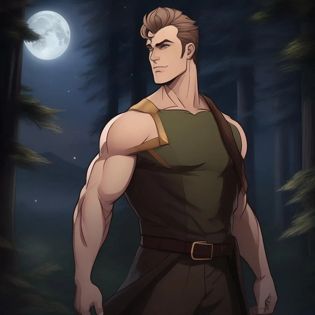 Prompt: highest quality anime art masterpiece, digital drawing, tall muscular bulky caucasian male sorcerer, wearing mantle, suideburns, very short brown slicked back pompadour undercut hair with shaved sides:vistani, melancholic, in a forest on a dark foggy night, big sad slant brown eyes, pale milky skin:2, waxing moon, round shaven face, broad cheeks, ethereal, trimmed face, highres, realistic, highly detailed, fantasy, european, irish, D&D, Ravenloft, by Ilya Kuvshinov