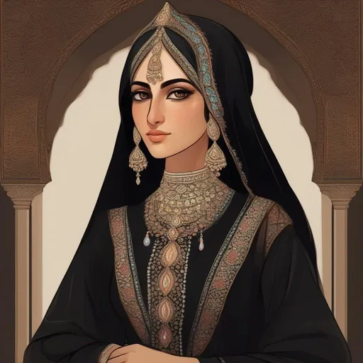 Prompt: A Persian woman in noble dress, with huge aquiline hooked armenian nose. She wears a black dress and a light veil on her face.  rpg art. 2d art. 2d.
