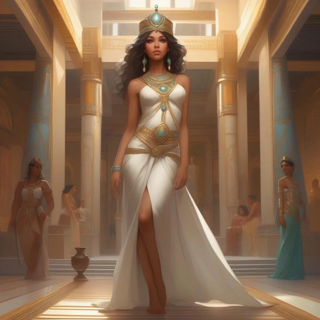 Prompt: Dynamic pose. Whole body. Full figure. A young queen. Cute. Well drawn face. detailed. She wears a double tiara. In background a Lively room in an Ancient egyptian palace. artgerm greg rutkowski mucha