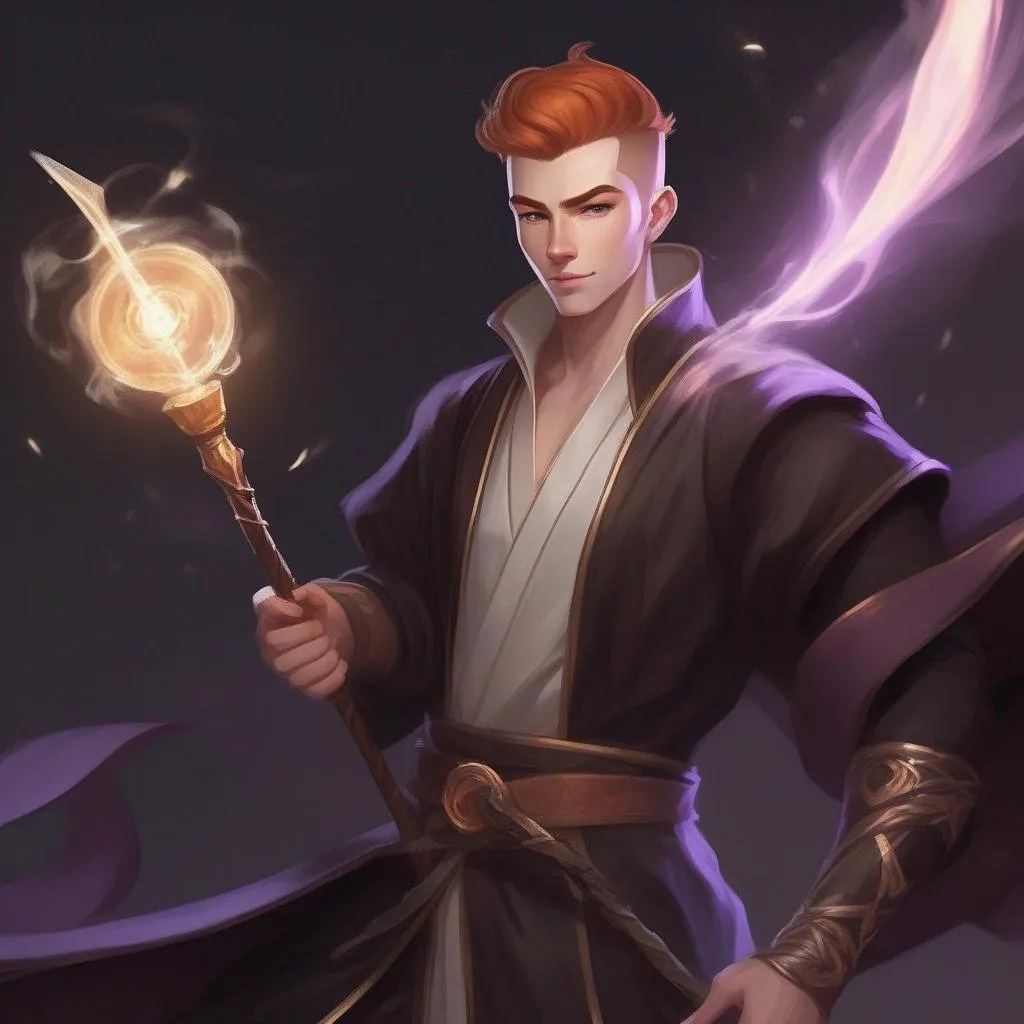 Prompt: A male mage in dark robes, with very short extremely deep dark brown slicked back pompadour undercut with ginger highlights and shaved sides, very pale milky skin. He fights with a magic staff and casts magic spells, potions on his belt, soft feminine body features. Smooth skin, detailed, well drawn face. Rpg art. 2d art. 2d.