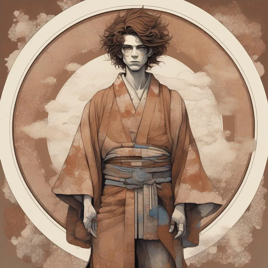 Prompt: full body image of a girly tall girlish Japanese boyish androgynous feminine young caucasian teenage male boy geisha, slightly masculine, a bit manly, cyberpunk robot with open body parts, extremely long brown messy hair, womn kimono, full makeup, limitless, art, circle, one color background, by Hokusai and James Gurney,