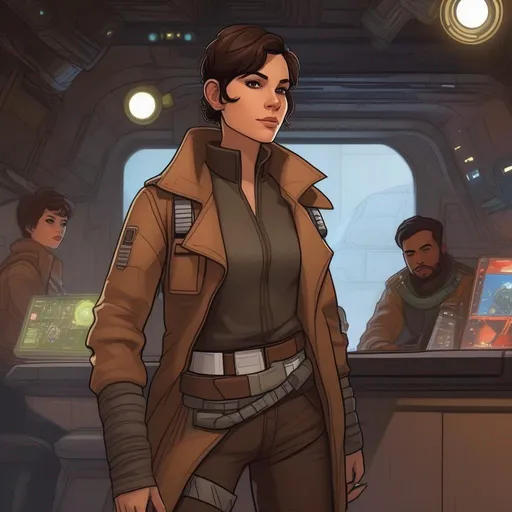 Prompt: From distance. Whole body, full figure. A young female smuggler with deep brown hair, very short pixie undercut. She wears a brown pilot coat and has a holster on her right leg. In background a noisy scifi cantina. Star wars art. 2d art. 2d. well draw face. detailed.