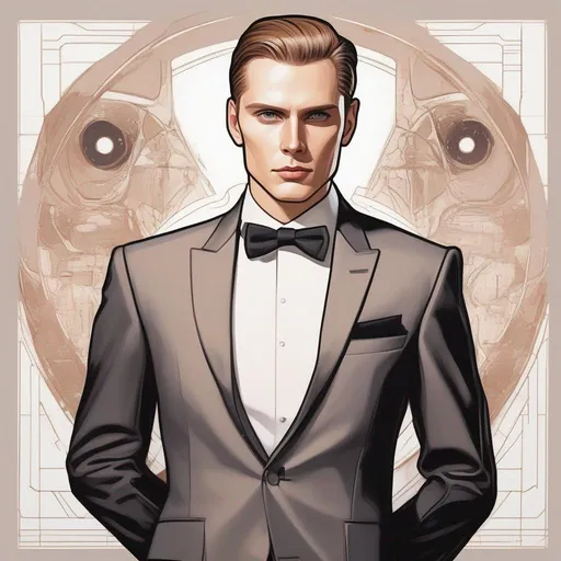 Prompt: A portrait of a Full body of a male humanoid with a pale skin tone and a very short brown slicked back pompadour undercut with trimmed sides and chestnut highlights, green glowing eyes, scarred face, He wears a futiristic entirely jet black suit. Star wars art. 2d art. 2d. well draw face. detailed.
