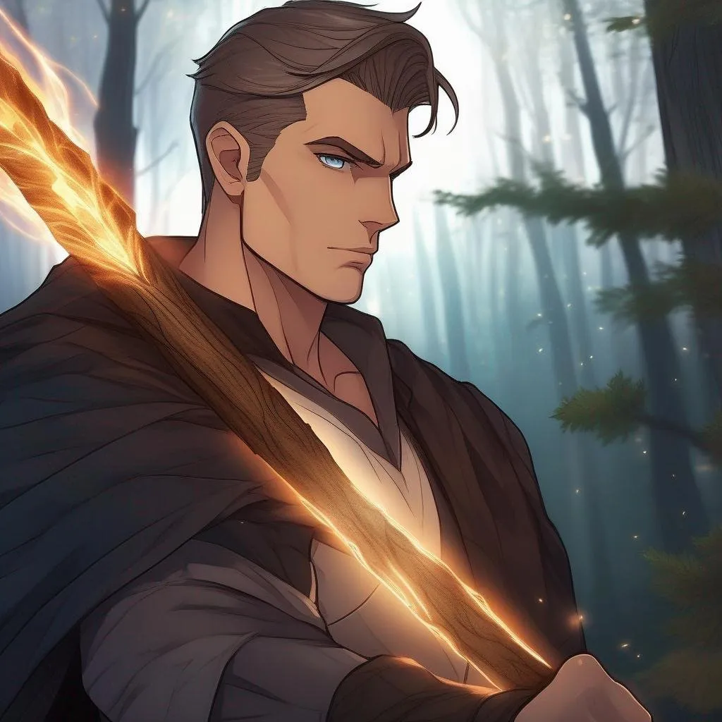 Prompt: close up, highest quality anime art masterpiece, digital drawing, tall muscular bulky caucasian male sorcerer with a staff wearing mantle, with freckles very short brown slicked back pompadour undercut hair with shaved sides:vistani, melancholic, in a forest on a dark foggy night, big sad slant brown eyes, pale milky skin:2, waxing moon, round shaven face, broad cheeks, ethereal, trimmed face, highres, realistic, highly detailed, fantasy, european, irish, D&D, Ravenloft, by Ilya Kuvshinov