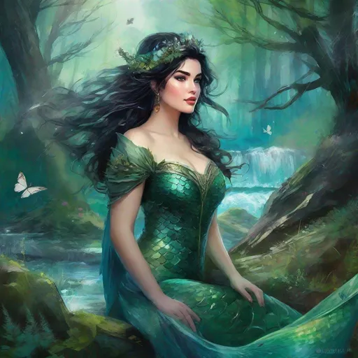 Prompt: fantasy book cover, a plump curvy thick black haired mermaid princess with brown highlights in her very short messy wavy bob hair, mermaid fae, tall and willowy and pretty, soft freckles, big large green eyes, pointed ears, intricate blue and green gown, pointy ears, iron palace gray metal, landscape beautiful pine forest, fishlail, Carne Griffiths, Michael Garmash, Frank Frazetta, Castle Background, Victo Ngai, Detailed, Vibrant, Sharp Focus, Character Design, Wlop, Kuvshinov, Character Design, TXAA, 32k, Highly Detailed, Dynamic Pose, Intricate Motifs, Organic Tracery, Perfect Composition, Digital Painting, Artstation, Smooth, Sharp Focus, Illustration, hyperdetailed, greg rutkowski