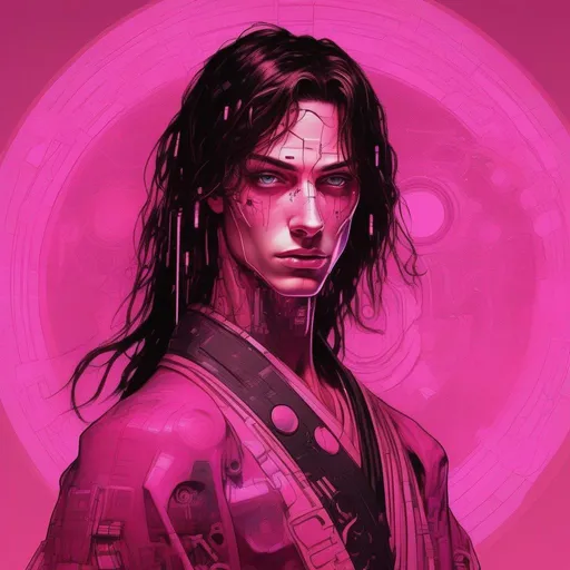 Prompt: oil and pink highlighter, wired bionic boy alike tall girlish Japanese boyish androgynous extremely feminine young caucasian teenage male boy geisha, slightly masculine, a bit manly, boylike girllike cyberpunk borg with open body implants and tubed prosthetics, very long dark straight hair, woman kimono, full makeup, freckles, art, circle, one color background, by Hokusai and James Gurney,