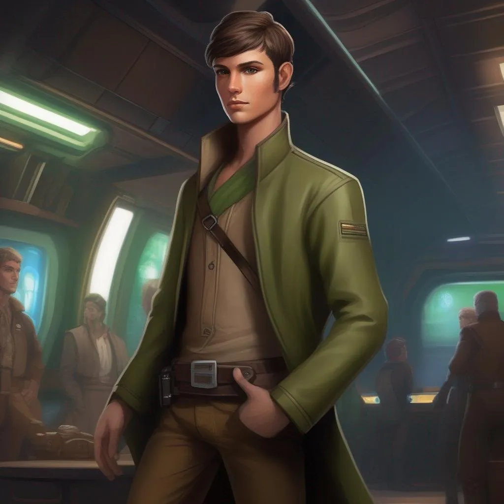 Prompt: From distance. Whole body, full figure. A young male smuggler with deep brown hair, very short pixie undercut. he wears a brown pilot coat and has a holster on his right leg. huge long hoocked aquiline grecian nose, green eyes. In background a noisy scifi cantina. soft feminine body features. Smooth skin, detailed, well drawn face. Rpg art. 2d art. 2d.