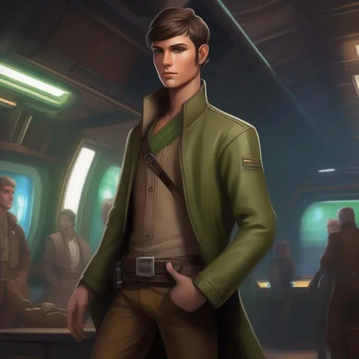 Prompt: From distance. Whole body, full figure. A young male smuggler with deep brown hair, very short pixie undercut. he wears a brown pilot coat and has a holster on his right leg. huge long hoocked aquiline grecian nose, green eyes. In background a noisy scifi cantina. soft feminine body features. Smooth skin, detailed, well drawn face. Rpg art. 2d art. 2d.