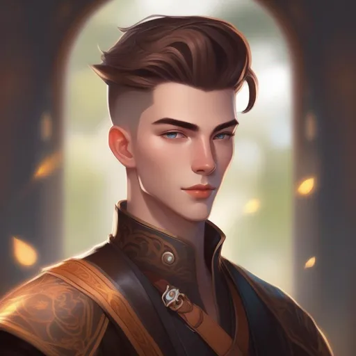 Prompt: A young male mage with very short extremely deep dark brown slicked back pompadour undercut with ginger highlights and shaved sides, very pale milky skin. He swings a magic staf, has a magic stick on the left side of his belt, soft feminine body features. Smooth skin, detailed, well drawn face. Rpg art. 2d art. 2d.