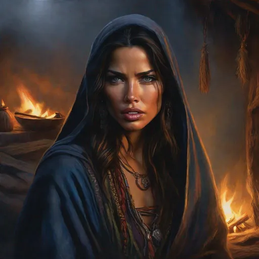 Prompt: fantasy art, oil painting, adriana lima fused together with sarah shahi, as a chanting gypsy woman, in a dark gypsy camp near camp fire, roma attire, foggy night, dreadful dark and moody atmosphere, frightened and concerned expression, close up, cinematic, dramatic, highres, detailed, D&D, DnD, Pathfinder, Ravenloft, Vistani, fantasy, by Clyde Caldwell,