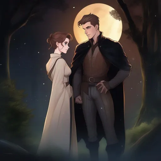 Prompt: highest quality anime art masterpiece, digital drawing, caucasian male sorcerer wearing mantle with freckles and very short brown slicked back pompadour undercut hair with shaved sides:vistani, melancholic, in a forest on a dark foggy night, hugging a woman, bid sad slant brown eyes, pale milky skin:2, waxing moon, round shaven face, broad cheeks, ethereal, trimmed face, highres, realistic, highly detailed, fantasy, european, irish, D&D, Ravenloft, by Ilya Kuvshinov