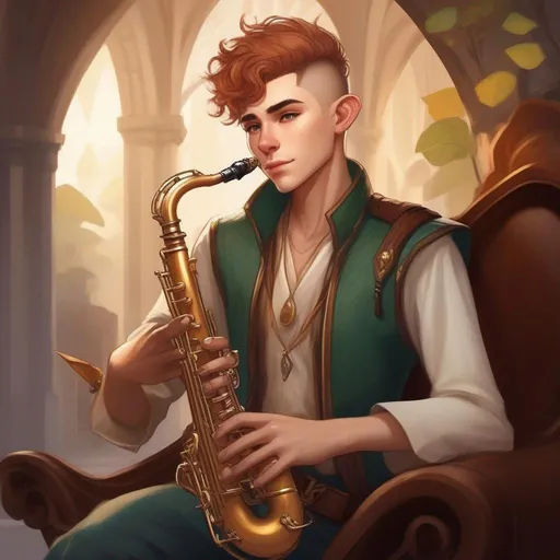 Prompt: A young elf mage with very short brown mohawk and pale skin. He plays a saxophone, has a sword on the left side and sits on a coach.
Smooth skin, detailed, well draw face. Rpg art. 2d art. 2d.