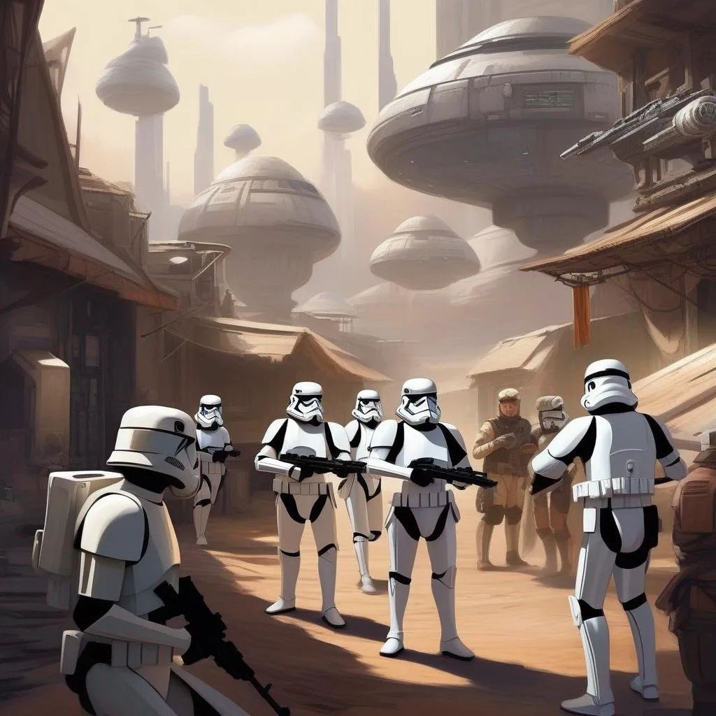 Prompt: a squad of star wars stormtroopers surround a caucasian male spaceship captain with brown hair. In background a scifi slum. Star wars art. rpg. rpg art. 2d art. 2d.
