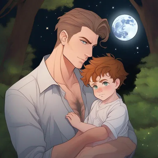 Prompt: highest quality anime art masterpiece, digital drawing, caucasian male sorcerer with freckles and very short brown slicked back pompadour undercut hair with shaved sides:vistani, melancholic, in a forest on a dark foggy night, holding a baby, bid sad slant brown eyes, pale milky skin:2, waxing moon, round shaven face, broad cheeks, ethereal, jewelry set, highres, realistic, highly detailed, fantasy, european, irish, D&D, Ravenloft, by Ilya Kuvshinov