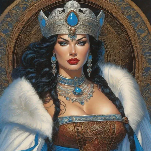 Prompt: A D&D 2e style illustration of a pale mexican female queen, curvy, pale white milky skin,  snow white vibe, blue eyes, fantasy, DnD, D&D, Pathfinder, style of Vampire, by Clyde Caldwell,