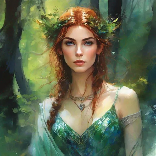 Prompt: fantasy book cover, a bright chesnut haired elven princess with dark auburn streaks in her very short messy wavy bob haircut, elf fae, tall and willowy and pretty, soft freckles, big large green eyes, pointed ears, intricate blue and green gown, pointy elvish ears, iron palace gray metal, landscape beautiful pine forest, Carne Griffiths, Michael Garmash, Frank Frazetta, Castle Background, Victo Ngai, Detailed, Vibrant, Sharp Focus, Character Design, Wlop, Kuvshinov, Character Design, TXAA, 32k, Highly Detailed, Dynamic Pose, Intricate Motifs, Organic Tracery, Perfect Composition, Digital Painting, Artstation, Smooth, Sharp Focus, Illustration, hyperdetailed, greg rutkowski