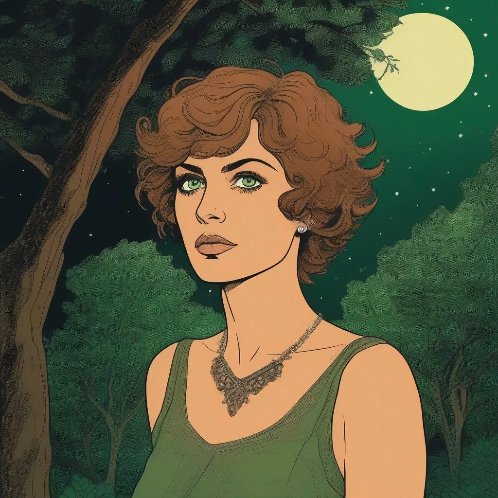 Prompt: A silkscreen comic illustration of a caucasian woman with very short brown thick wavy messy pixie hair:vistani, sad, in a forest on a dark foggy night, big green eyes, tanned skin:2, waxing moon, huge long wide broad hooked greek aquiline algerian oriental arabic nose, flat chest, ethereal, jewelry set, highres, realistic, highly detailed, fantasy, sinti, kozak, 1960s Soviet Retrofuturism,