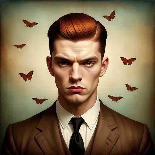 Prompt: What lies beneath my scarry thoughs, the insecurities obscured by the beautiful face, the beauty varnish that others see and it's not all, a dark chesnut haired masculine manly male man with very short slicked back pompadour undercut hair, art by Christian Schloe, Gabriel Pacheco