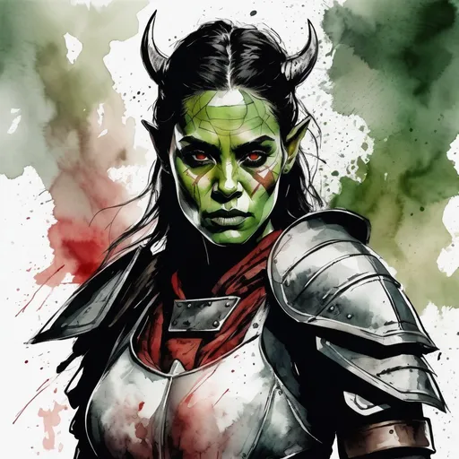 Prompt: Ultra realistic photo portrait of a young beautiful attractive female orc warrior queen in watercolor style, minimalist, elegant, white background, black lines, green shades, red tones, thick bold Rotring lines, capturing strength and fantasy, powerful and artistic portrayal, focusing entirely on the character, no additional elements, watercolor illustration.