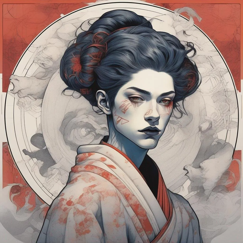 Prompt: Japanese androgynous feminine young caucasian teenage male boy geisha, slightly masculine, cyberpunk cyborg with onen body parts, open flowing hair, limitless, art, circle, one color background, by Hokusai and James Gurney,