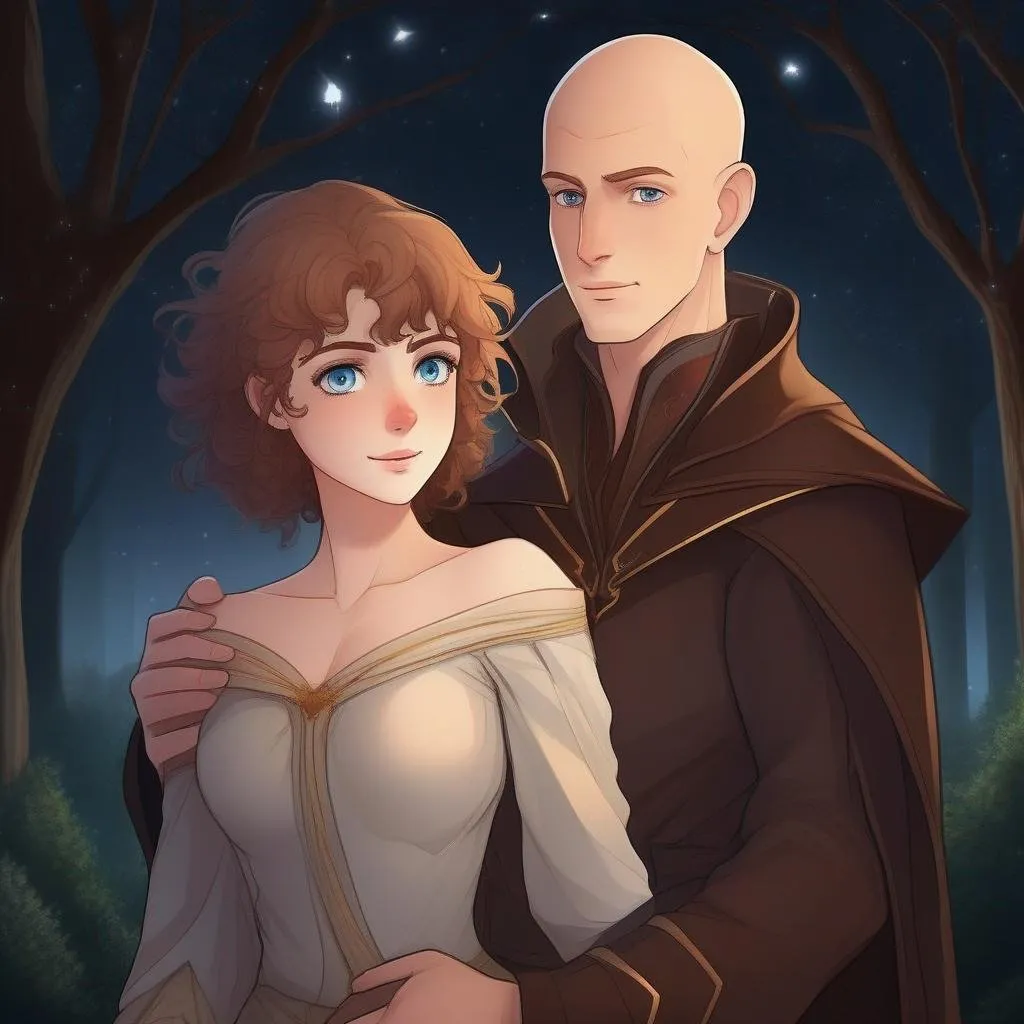 Prompt: highest quality anime art masterpiece, digital drawing, caucasian bald male sorcerer wearing mantle, with freckles and balding hairless scalp:vistani, melancholic, in a forest on a dark foggy night, hugging a girl with short brown wavy pixie hair, bid sad slant brown eyes, pale milky skin:2, waxing moon, round shaven face, broad cheeks, ethereal, trimmed face, highres, realistic, highly detailed, fantasy, european, irish, D&D, Ravenloft, by Ilya Kuvshinov