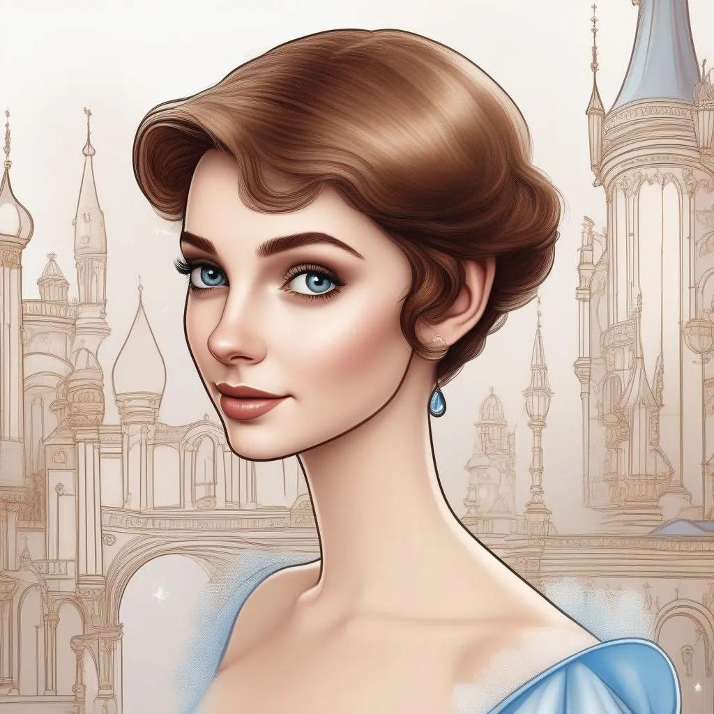 Prompt: Please create an Disney art of a short haired man in style of a drawing using aspects of lore of a beautiful young woman with very short brown pixie hair as Cinderella