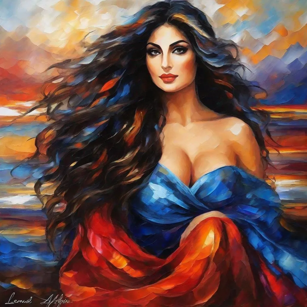 Prompt: An acrylic ink painting, Collage art, a beautiful attractive buxom armenian woman at sunset, black long thick wavy hair, round face, big long huge hooked aquiline arabian nose, enormous chest, Montage, By LEONID AFREMOV, [white : red] shades, [organ: blue] tones , ethereal, centered, 16K, HQ, perspective, insanely detailed and intricate, hyper realistic, trending on cgsociet