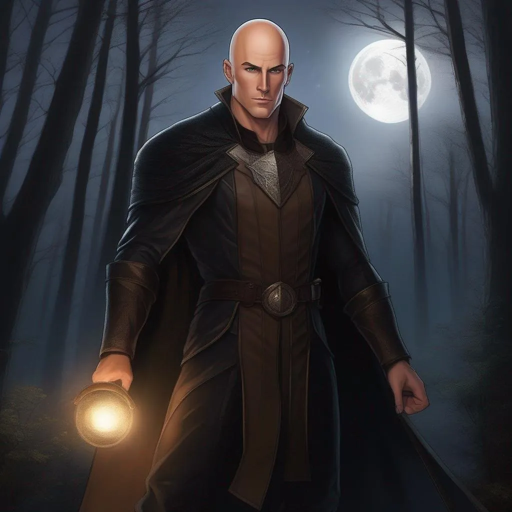 Prompt: highest quality anime art masterpiece, digital drawing, tall muscular caucasian bald male sorcerer wearing mantle, with freckles very short brown slicked back pompadour undercut hair with shaved sides:vistani, melancholic, in a forest on a dark foggy night, big sad slant brown eyes, pale milky skin:2, waxing moon, round shaven face, broad cheeks, ethereal, trimmed face, highres, realistic, highly detailed, fantasy, european, irish, D&D, Ravenloft, by Ilya Kuvshinov