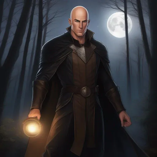 Prompt: highest quality anime art masterpiece, digital drawing, tall muscular caucasian bald male sorcerer wearing mantle, with freckles very short brown slicked back pompadour undercut hair with shaved sides:vistani, melancholic, in a forest on a dark foggy night, big sad slant brown eyes, pale milky skin:2, waxing moon, round shaven face, broad cheeks, ethereal, trimmed face, highres, realistic, highly detailed, fantasy, european, irish, D&D, Ravenloft, by Ilya Kuvshinov