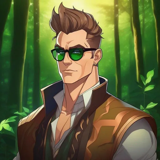 Prompt: highest quality anime art masterpiece, digital drawing, tall muscular bulky caucasian male sorcerer, wearing mage mantle, suideburns, very short brown slicked back pompadour undercut hair with shaved sides:vistani, wearing round glasses, green shades with emerald lenses, green sunglasses, dark female makeup, melancholic, in a forest on a dark foggy night, big sad slant brown eyes, pale milky skin:2, waxing moon, round shaven face, broad cheeks, ethereal, trimmed face, highres, realistic, highly detailed, fantasy, european, irish, D&D, Ravenloft, by Ilya Kuvshinov