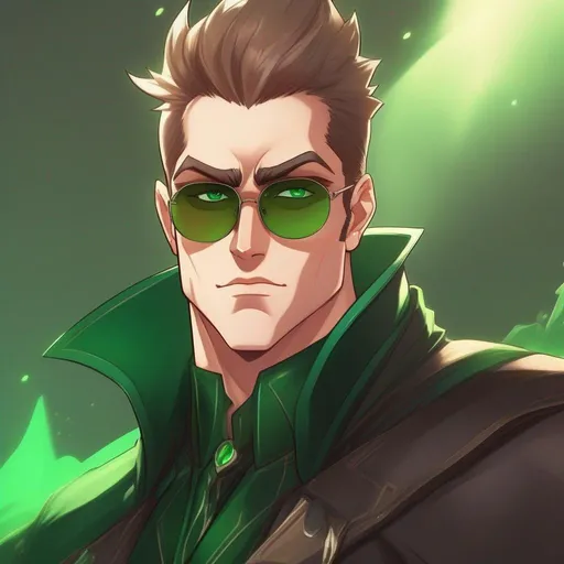 Prompt: highest quality anime art masterpiece, digital drawing, tall muscular bulky caucasian male sorcerer, wearing mage mantle, suideburns, very short brown slicked back pompadour undercut hair with shaved sides:vistani, wearing (round glasses), green sunshades with round emerald lenses, green (round) sunglasses, dark female makeup, melancholic, in a forest on a dark foggy night, big sad slant brown eyes, pale milky skin:2, waxing moon, round shaven face, broad cheeks, ethereal, trimmed face, highres, realistic, highly detailed, fantasy, european, irish, 1960s Soviet Retrofuturism , art neuveau, Hannes bok,