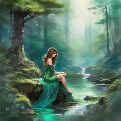 Prompt: fantasy book cover, a dark chesnut haired mermaid princess with brown highlights in her very short messy wavy bob hair, mermaid fae, tall and willowy and pretty, soft freckles, big large green eyes, pointed ears, intricate blue and green gown, pointy ears, iron palace gray metal, landscape beautiful pine forest, sit on sone, fishlail, Carne Griffiths, Michael Garmash, Frank Frazetta, Castle Background, Victo Ngai, Detailed, Vibrant, Sharp Focus, Character Design, Wlop, Kuvshinov, Character Design, TXAA, 32k, Highly Detailed, Dynamic Pose, Intricate Motifs, Organic Tracery, Perfect Composition, Digital Painting, Artstation, Smooth, Sharp Focus, Illustration, hyperdetailed, greg rutkowski