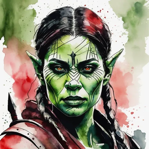 Prompt: Ultra realistic photo portrait of a beautiful attractivr female orc warrior queen in watercolor style, minimalist, elegant, white background, black lines, green shades, red tones, thick bold Rotring lines, capturing strength and fantasy, powerful and artistic portrayal, focusing entirely on the character, no additional elements, watercolor illustration.