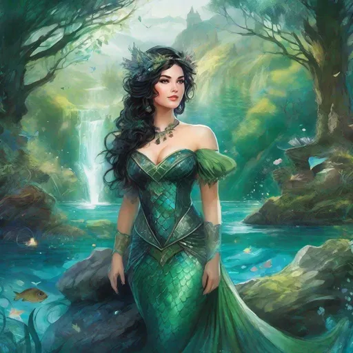 Prompt: fantasy book cover, a plump curvy black haired mermaid princess with brown highlights in her very short messy wavy bob hair, mermaid fae, tall and willowy and pretty, soft freckles, big large green eyes, pointed ears, intricate blue and green gown, pointy ears, iron palace gray metal, landscape beautiful pine forest, fishlail, Carne Griffiths, Michael Garmash, Frank Frazetta, Castle Background, Victo Ngai, Detailed, Vibrant, Sharp Focus, Character Design, Wlop, Kuvshinov, Character Design, TXAA, 32k, Highly Detailed, Dynamic Pose, Intricate Motifs, Organic Tracery, Perfect Composition, Digital Painting, Artstation, Smooth, Sharp Focus, Illustration, hyperdetailed, greg rutkowski