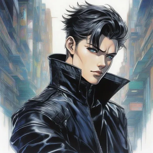 Prompt: An adult man, male scifi pilot. He has extremely short slicked back brown pompadour undercut haircut with trimmed whiskers. birthmarks, futiristic fully dark entirely jet black leather jacket. Handsome. well drawn face. emerald cat eyes, detailed. Ghost in the shell art. Masamune Shirow art. anime art. Leiji Matsumoto art. Akira art. Otomo art. 2d. 2d art.