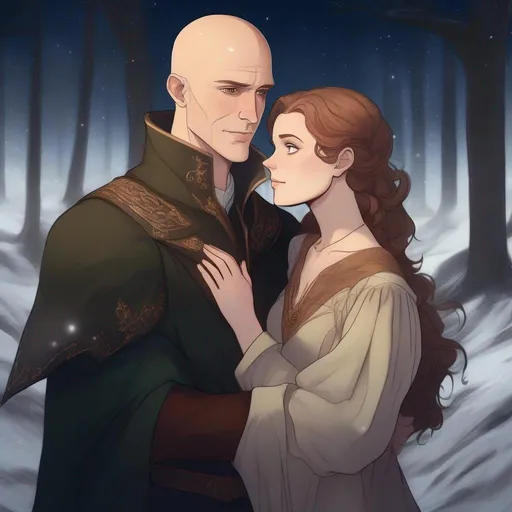 Prompt: highest quality anime art masterpiece, digital drawing, caucasian bald male sorcerer wearing mantle, with freckles and balding hairless scalp:vistani, melancholic, in a forest on a dark foggy night, hugging a woman with short brown wavy  pixie hair, bid sad slant brown eyes, pale milky skin:2, waxing moon, round shaven face, broad cheeks, ethereal, trimmed face, highres, realistic, highly detailed, fantasy, european, irish, D&D, Ravenloft, by Ilya Kuvshinov