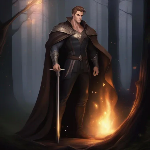 Prompt: full body image, highest quality anime art masterpiece, digital drawing, tall muscular bulky caucasian male sorcerer casting magic, wearing mantle, with whiskers, very short brown slicked back pompadour undercut hair with shaved sides:vistani, melancholic, in a forest on a dark foggy night, big sad slant brown eyes, pale milky skin:2, waxing moon, round shaven face, broad cheeks, ethereal, trimmed face, highres, realistic, highly detailed, fantasy, european, irish, D&D, Ravenloft, by Ilya Kuvshinov