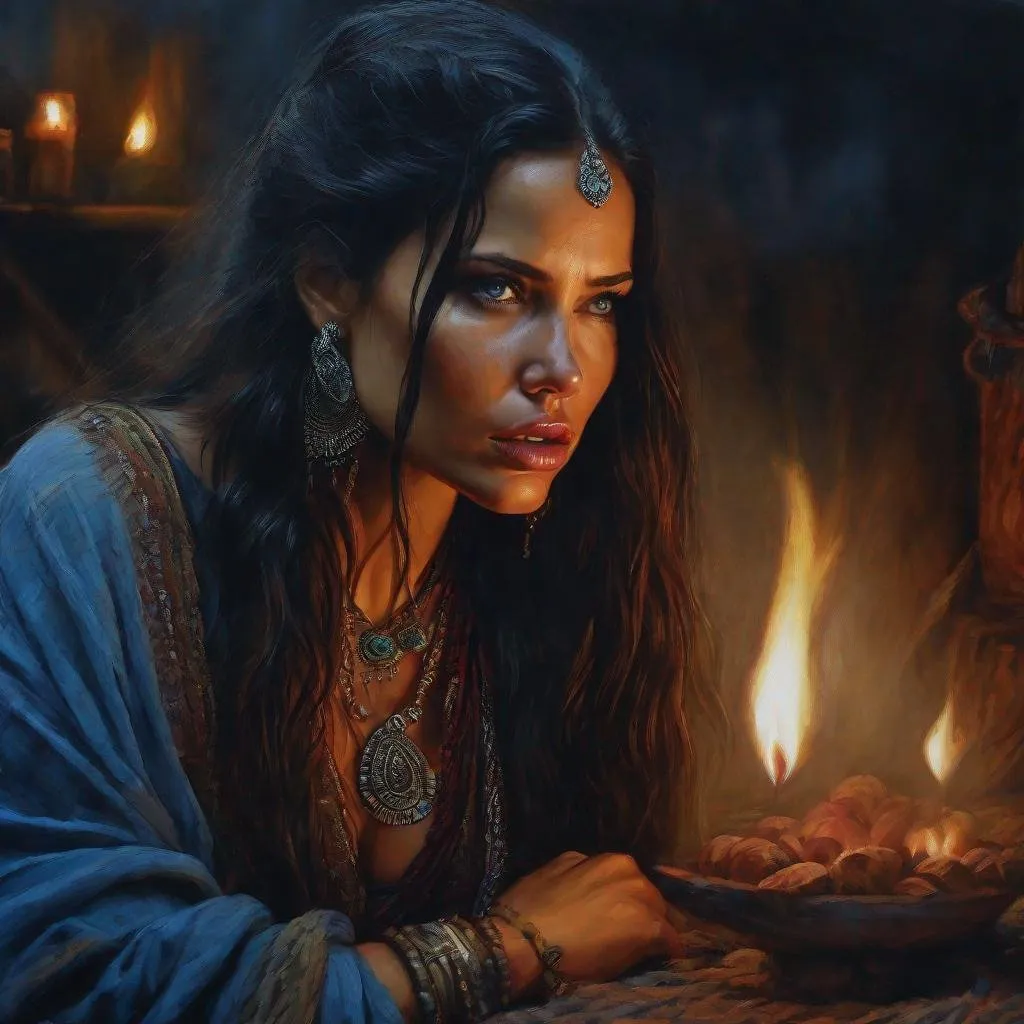 Prompt: fantasy art, oil painting, adriana lima fused together with Yarishna Nicole Ayala, as a chanting gypsy woman, in a dark gypsy camp near camp fire, roma attire, foggy night, dreadful dark and moody atmosphere, frightened and concerned expression, close up, cinematic, dramatic, highres, detailed, D&D, DnD, Pathfinder, Ravenloft, Vistani, fantasy, by Clyde Caldwell,