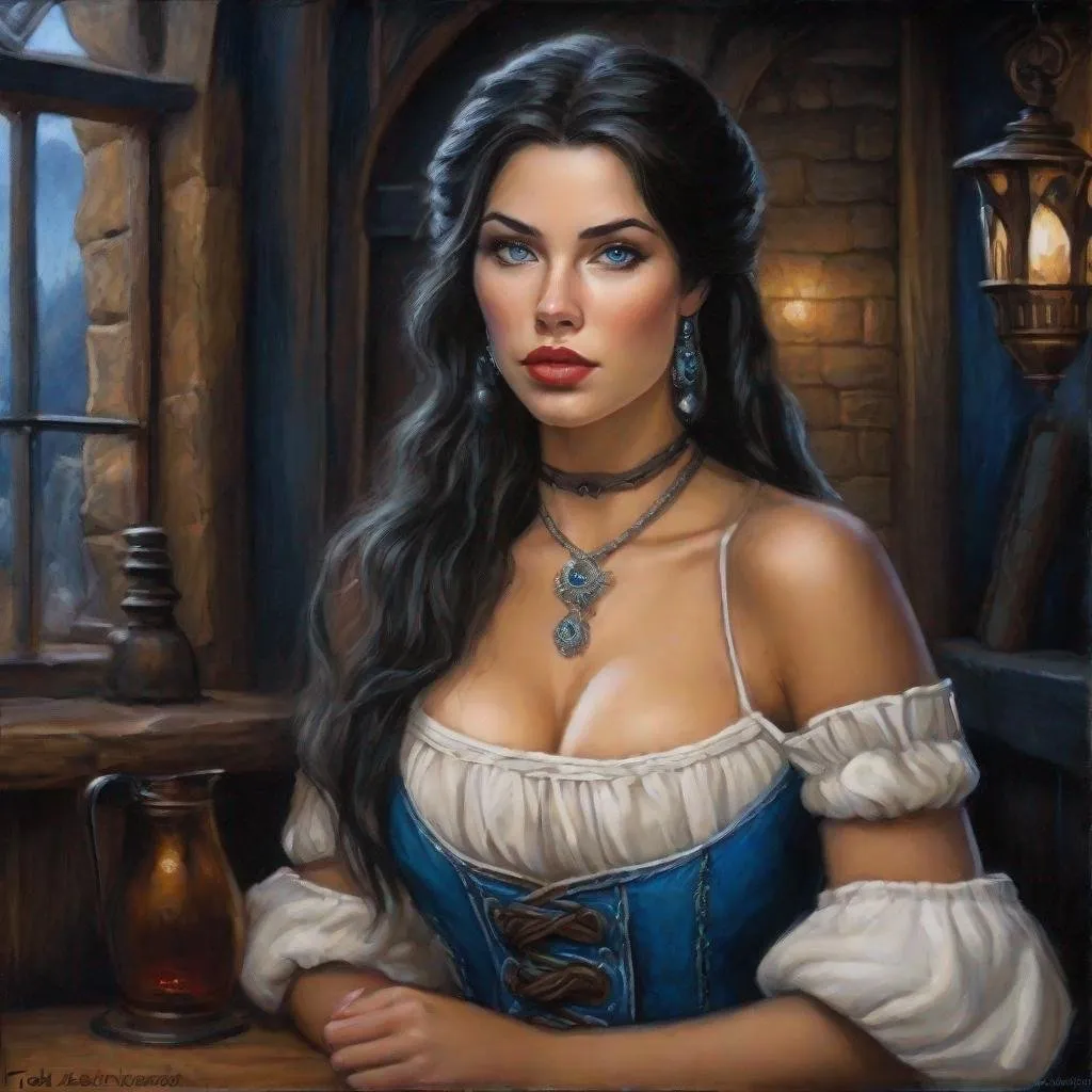 Prompt: oil painting, character portrait, a young mexixan woman with pale skin and buxom body as a fantasy tavern wench, blue eyes, white milky snowy skin and curvy thick body, muted tavern interior background, dark and moody,  half body, highres, detailed, mysterious, eerie, style of Ravenloft, by Todd Lockwood,