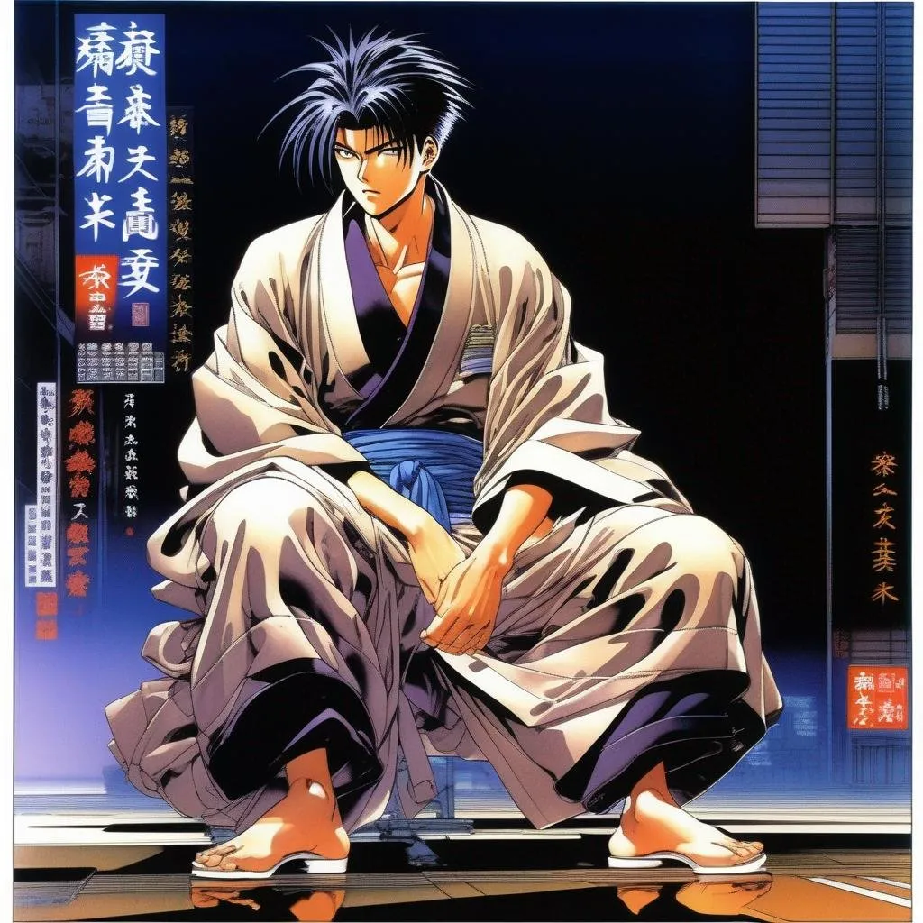 Prompt: detailed character, full body portrait of a young adult male sorcerer, round face, broad cheeks, extremely short brown slicked back pompadour undercut, green glowing eyes smirking, wearing robes with a scarf,  Ghost in the shell art. Masamune Shirow art. anime art. Leiji Matsumoto art. Akira art. Otomo art. 2d. 2d art.