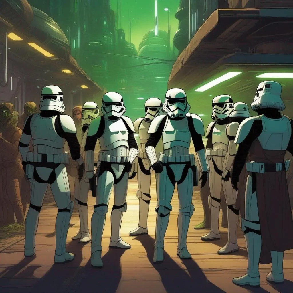 Prompt: a squad of star wars stormtroopers arresting a tall muscled male with brown pompadour undercut, retro futuristic starship captain, green glowing eyes, smirking, black futuristic leather jackett,. In background a scifi slum. Star wars art. rpg. rpg art. 2d art. 2d.