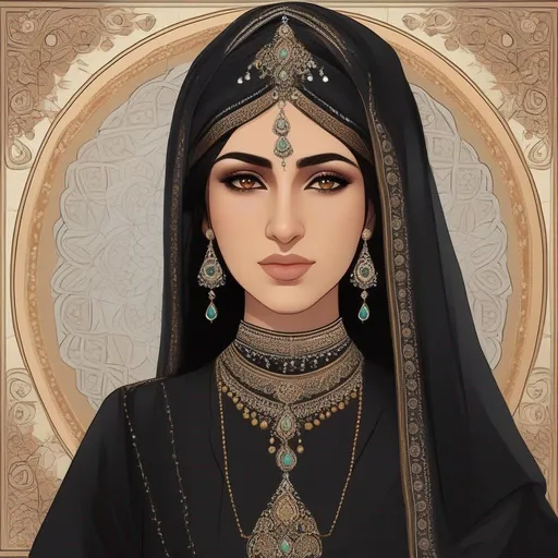 Prompt: A Persian woman in noble dress, with huge aquiline hooked armenian nose. She wears a black dress and a light veil on her face.  rpg art. 2d art. 2d.