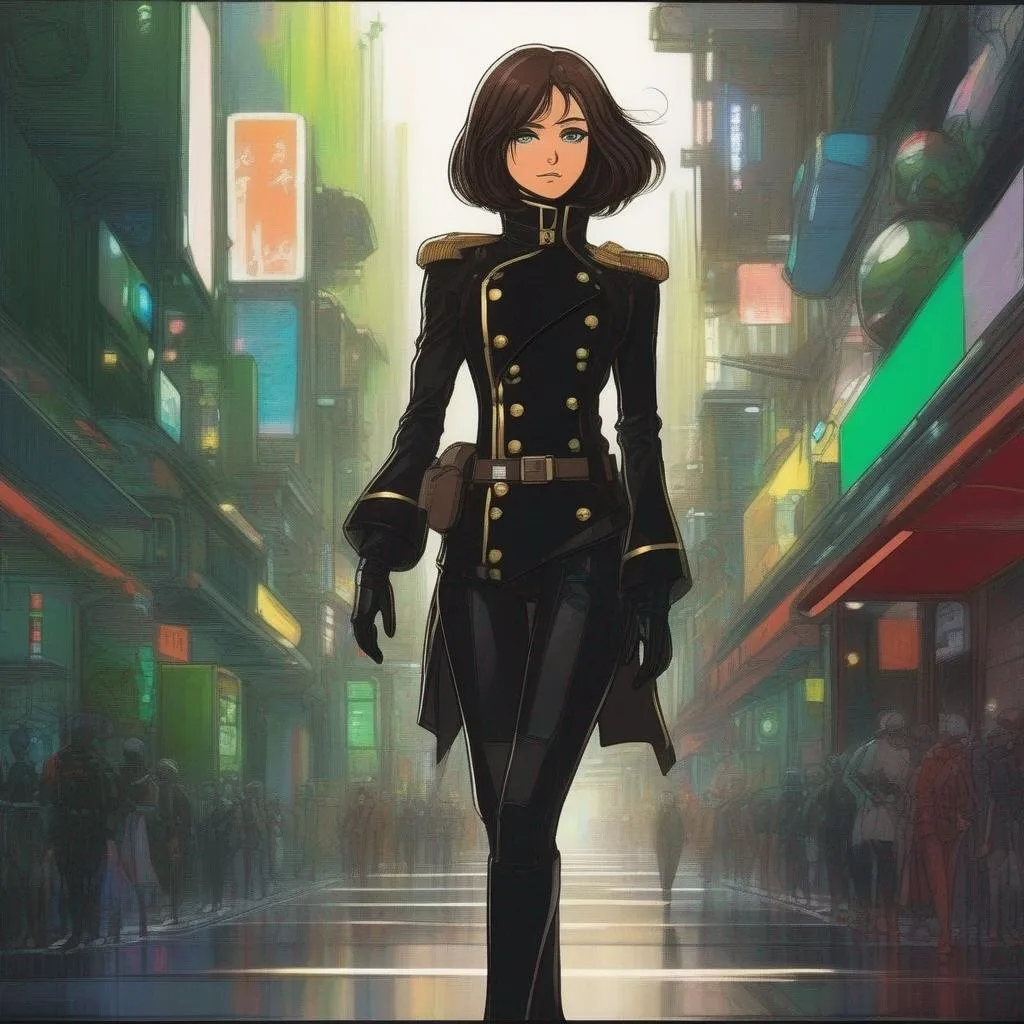 Prompt: Whole body. Full Figure, from distance. a Young noble woman from the future in the 22nd century, black futuristic scifi uniform. Cute. very short dark brown pixie haircut. emerald eyes. Akira art. Anime art. Captain Harlock art. Leiji Matsumoto art. 2d art. 2d. well drawn face. detailed.